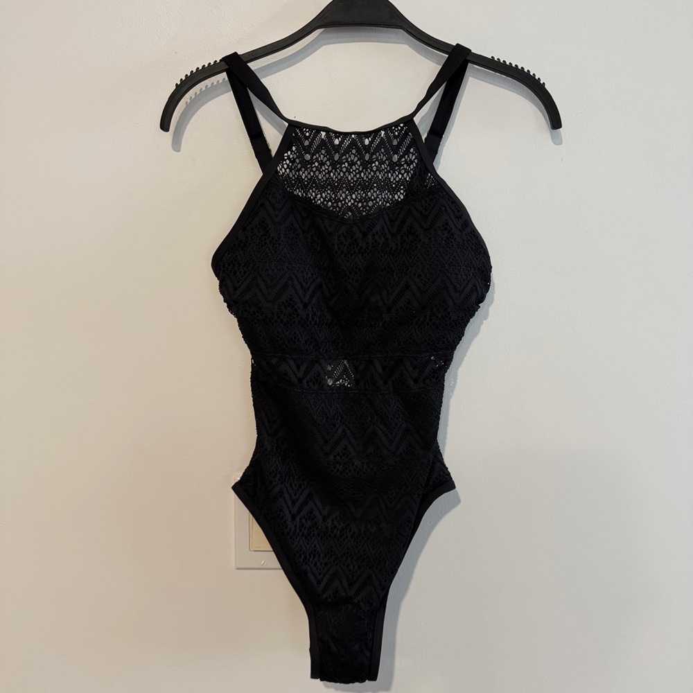 NWT Holipick Black Lace One-Piece Swimsuit with Waistband Peekaboo Size XS